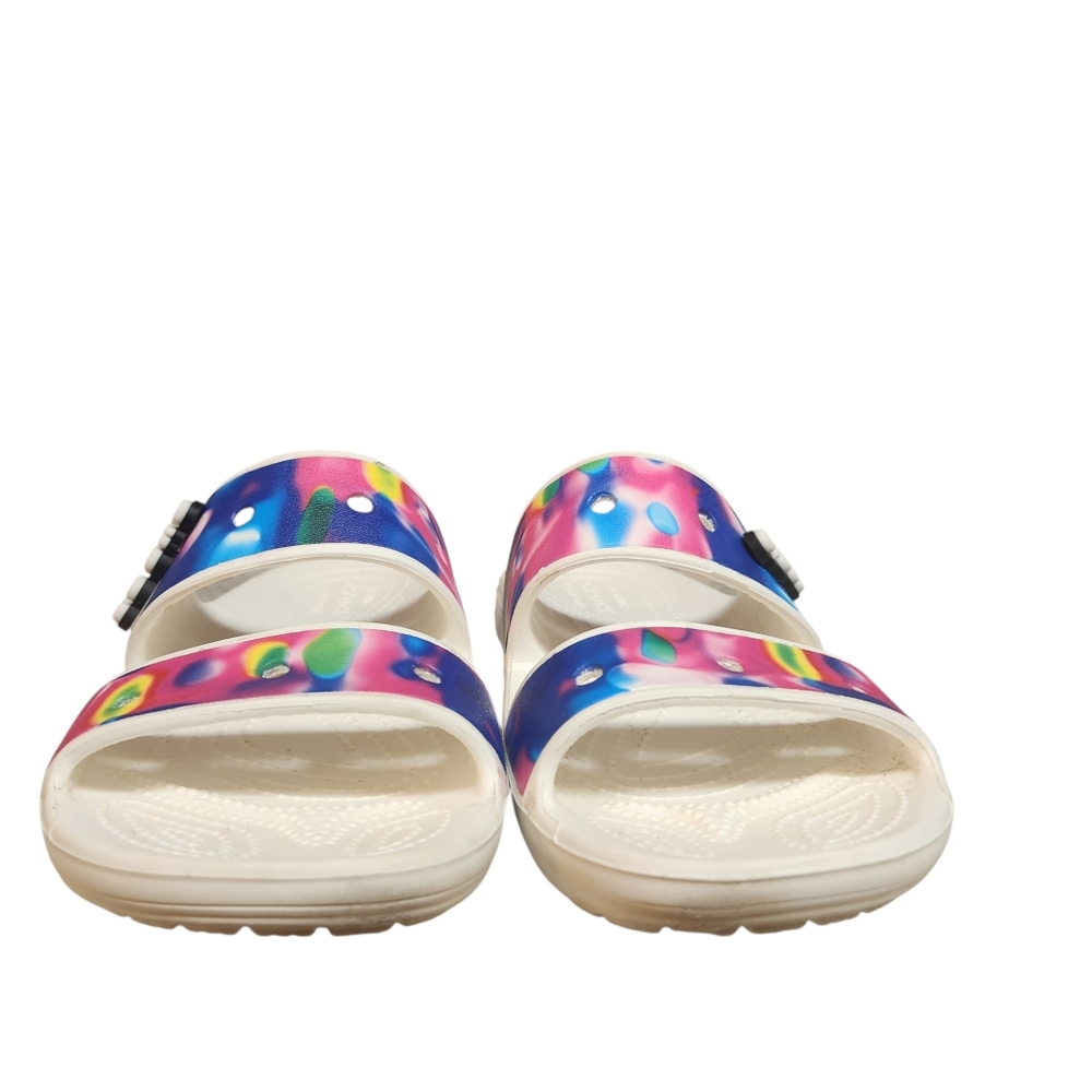 CROCS Iconic Comfort White Slides with Rainbow Tie-Dye Straps M5 W7 - Picture 5 of 8
